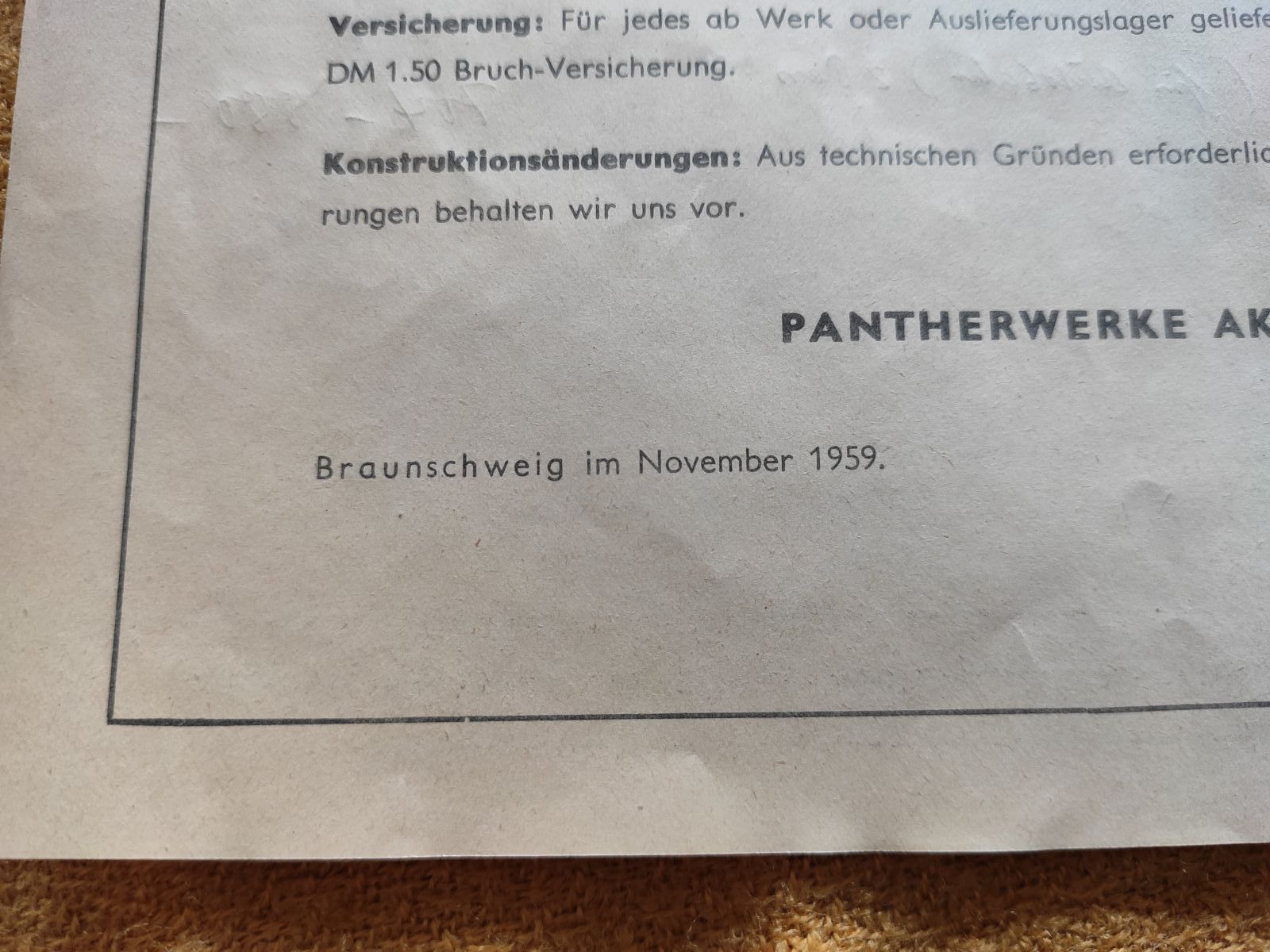 Pantherwerke - original Preisliste von 1959  B8 B9 B10 Moped Selten ! -- (31)