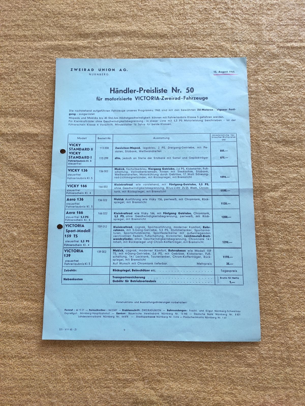 Victoria - Händler-Preisliste Nr.50 1965  Vicky 136 166 Aero 136 ! -- (31)