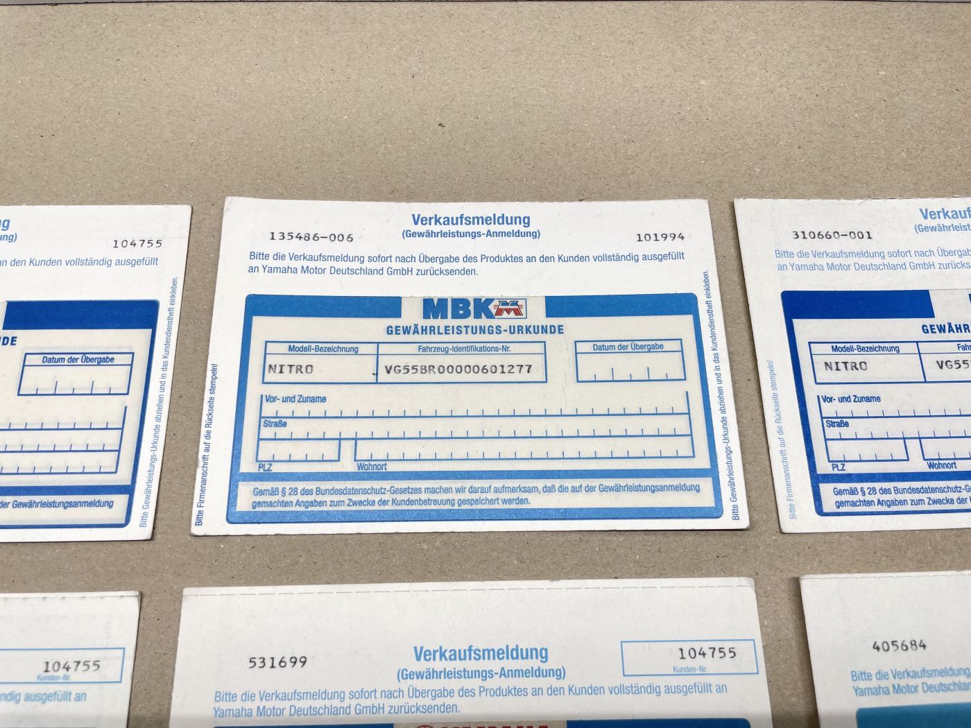 Verkaufsmeldung Gewähleistungs-Urkunde MBK Stunt Nitro Yamaha XPC Sammler (39-44R)