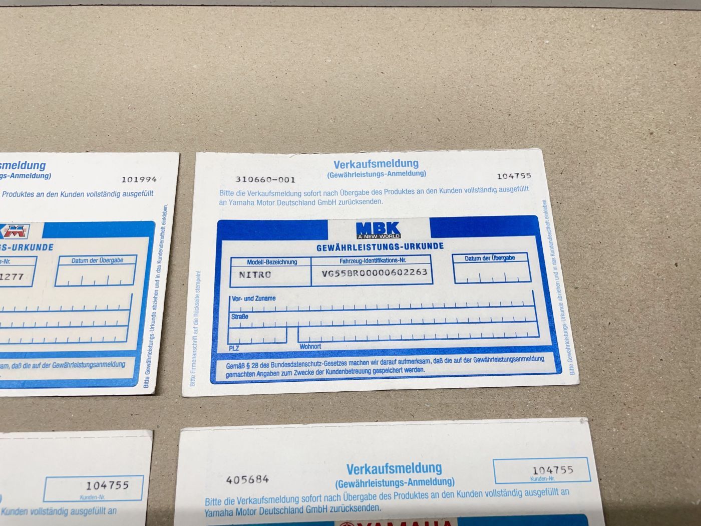 Verkaufsmeldung Gewähleistungs-Urkunde MBK Stunt Nitro Yamaha XPC Sammler (39-44R)