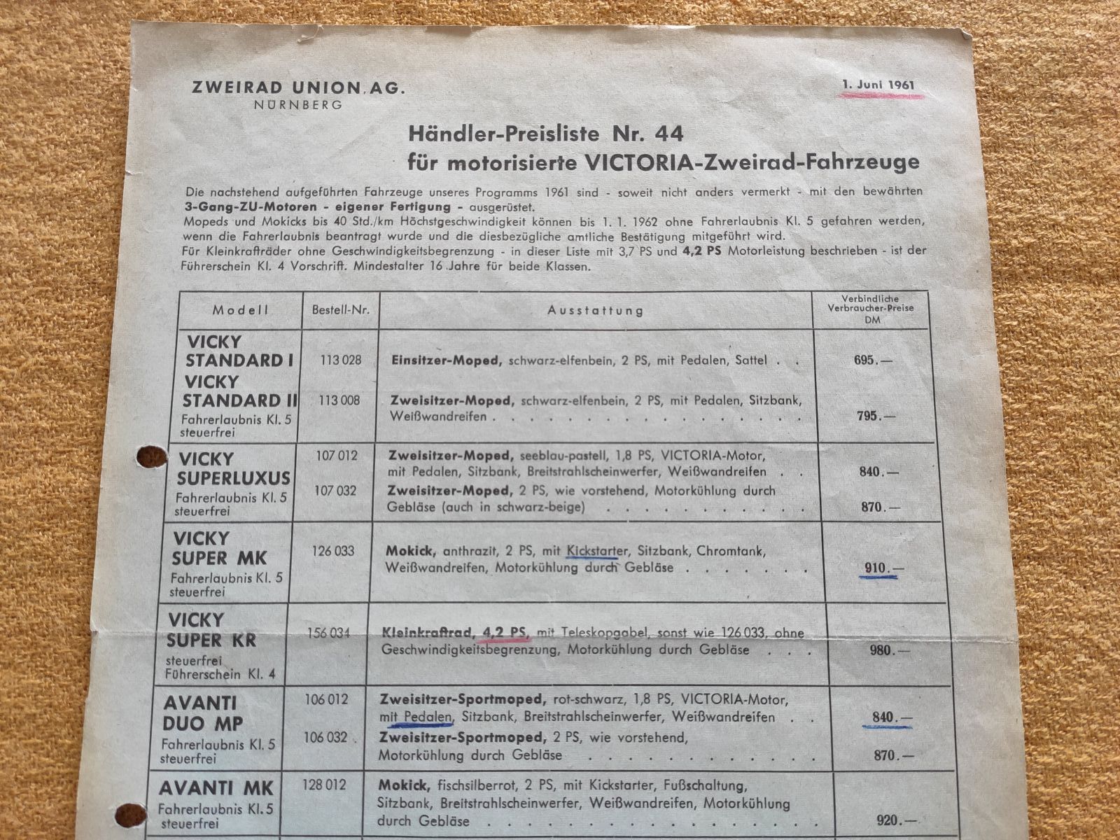 Victoria - Händler-Preisliste Nr.44 1961  Vicky Superluxus MK KR Avanti ! - (31)