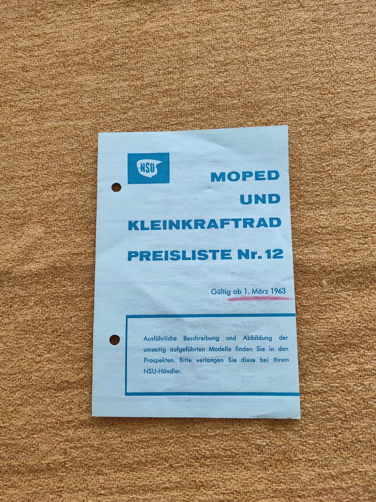 NSU - original Moped und Kleinkraftrad Preisliste Nr.12  März 1963 ! -- (31)
