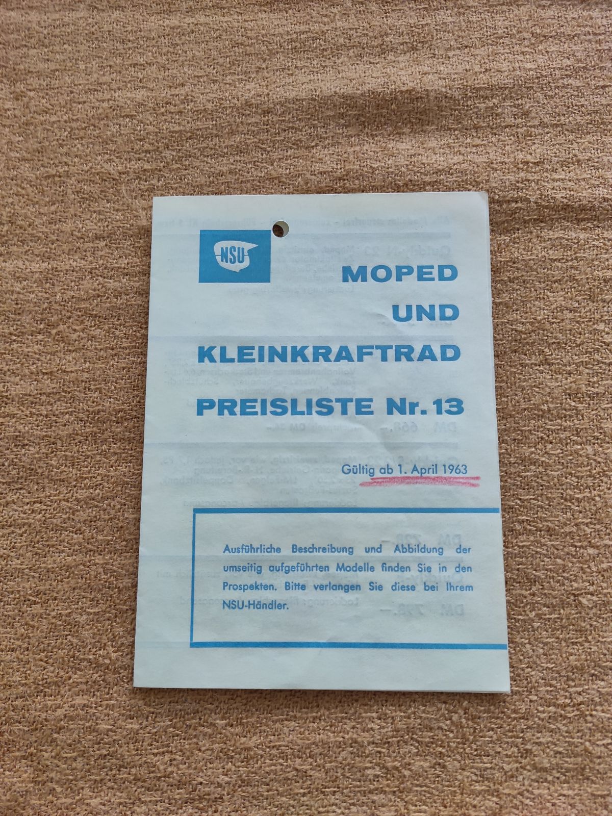 NSU - original Moped und Kleinkraftrad Preisliste Nr.13  April 1963 ! -- (31)