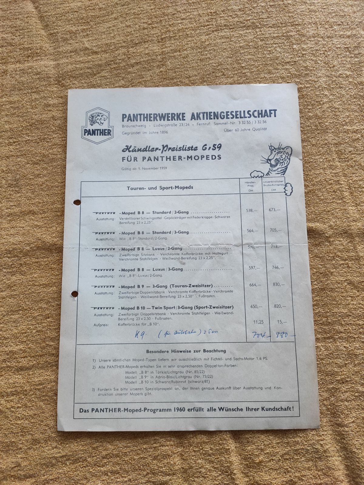 Pantherwerke - original Preisliste von 1959  B8 B9 B10 Moped Selten ! -- (31)