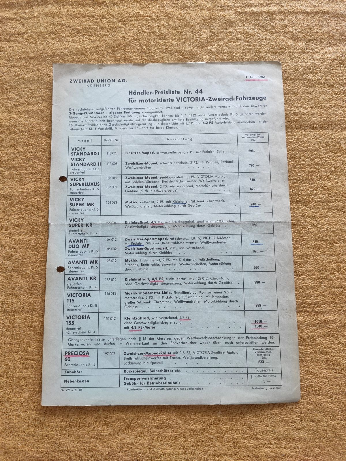 Victoria - Händler-Preisliste Nr.44 1961  Vicky Superluxus MK KR Avanti ! - (31)