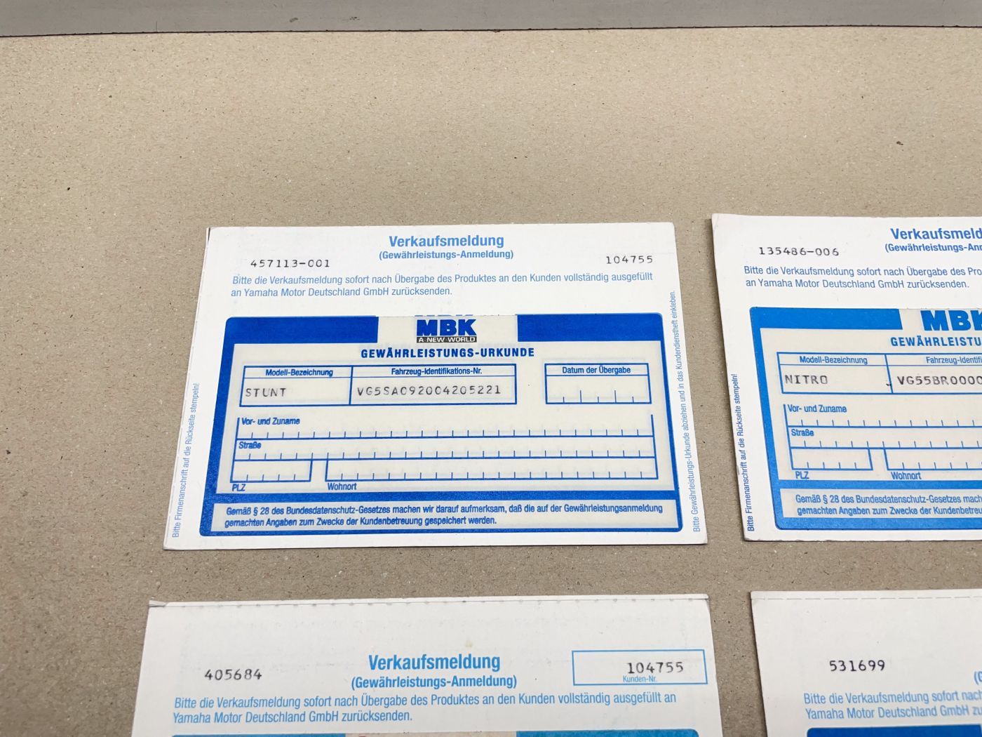 Verkaufsmeldung Gewähleistungs-Urkunde MBK Stunt Nitro Yamaha XPC Sammler (39-44R)
