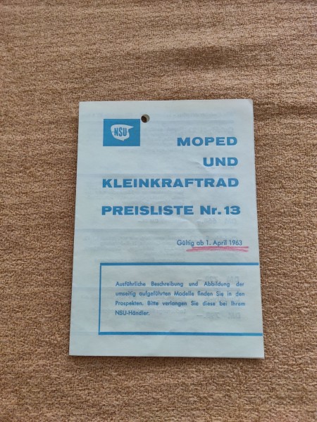 NSU - original Moped und Kleinkraftrad Preisliste Nr.13 April 1963 ! -- (31)